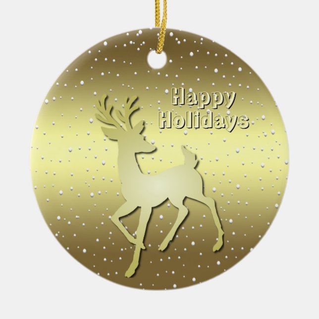 Golden Reindeer Snowy Holiday Ornament (Front)