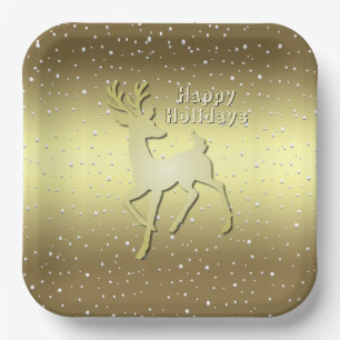 Golden Reindeer Snowy Holiday Paper Plate