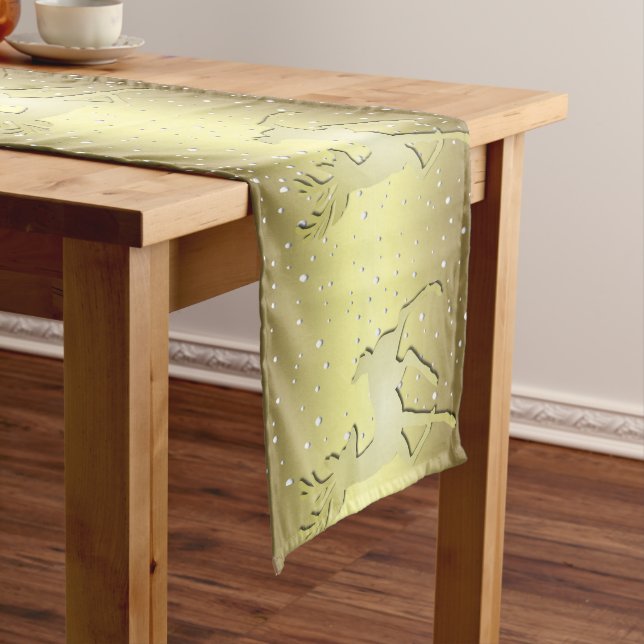 Golden Reindeer Snowy Holiday Table Runner (In Situ)