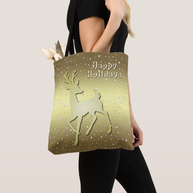 Golden Reindeer Snowy Holiday Tote Bag (Close Up)