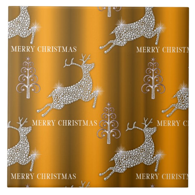 Golden Reindeer Sparkles Christmas Ceramic Tile (Front)