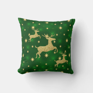 Golden Reindeer & Stars Green Cushion