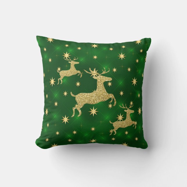 Golden Reindeer & Stars Green Cushion (Front)