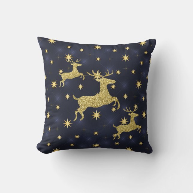 Golden Reindeer & Stars Midnight Blue Cushion (Front)