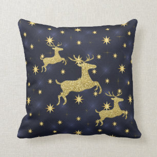Golden Reindeer & Stars Midnight Blue Cushion