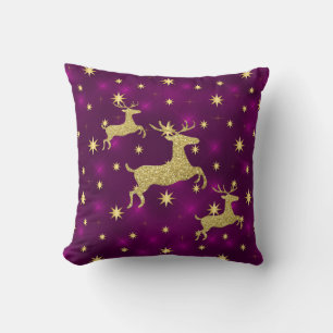Golden Reindeer & Stars Purple Cushion