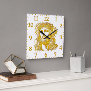Golden Representation of Jesus Christ With Crown Square Wall Clock