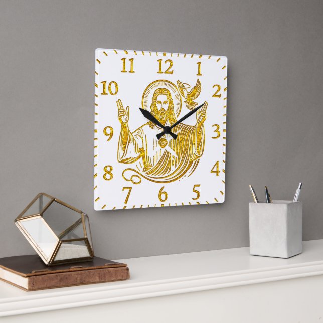 Golden Representation of Jesus With a Dove Square Wall Clock (Office)