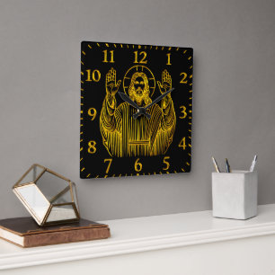 Golden Representation of Jesus With Raised Hands Square Wall Clock