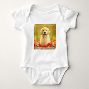 Golden Retirever in Red Flowers Baby Bodysuit