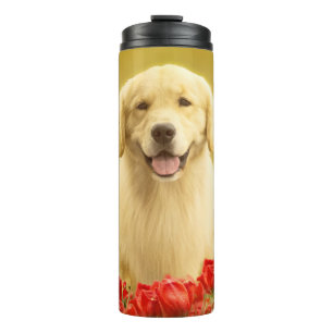 Golden Retirever in Red Flowers Thermal Tumbler