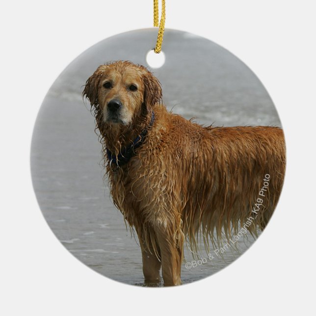 Golden Retreiver in the Sea Ceramic Tree Decoration (Front)