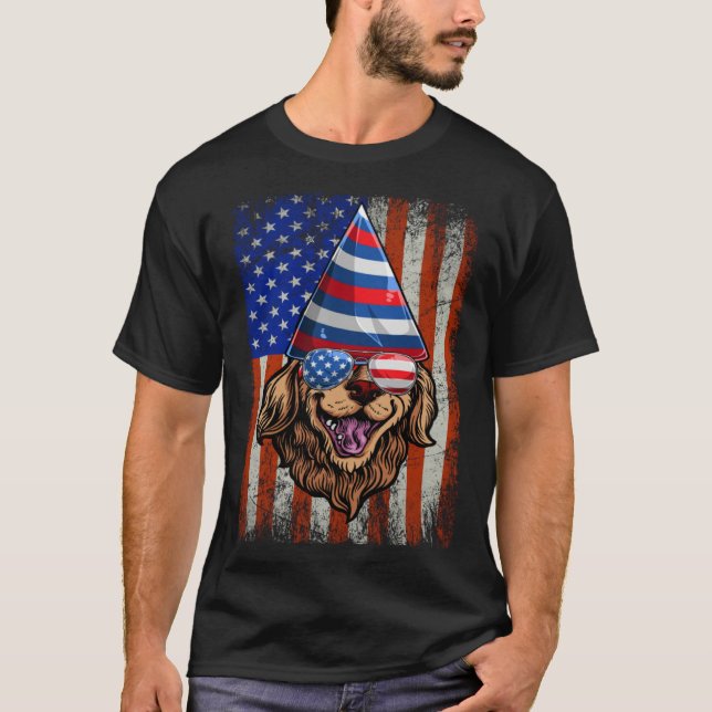 Golden Retriever 4th of July Flag American Sunglas T-Shirt (Front)