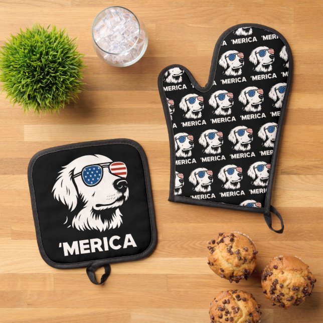 Golden Retriever 4th Of July Merica Oven Mitt & Pot Holder Set (Top Down)