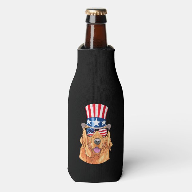 Golden Retriever America 4th of July USA Flag Bottle Cooler (Bottle Front)