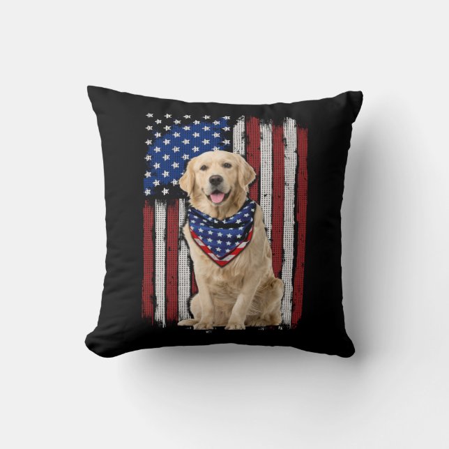 Golden Retriever American Flag Bandanna 4th Of Jul Cushion (Front)