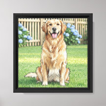 Golden Retriever and Blue Hydrangeas