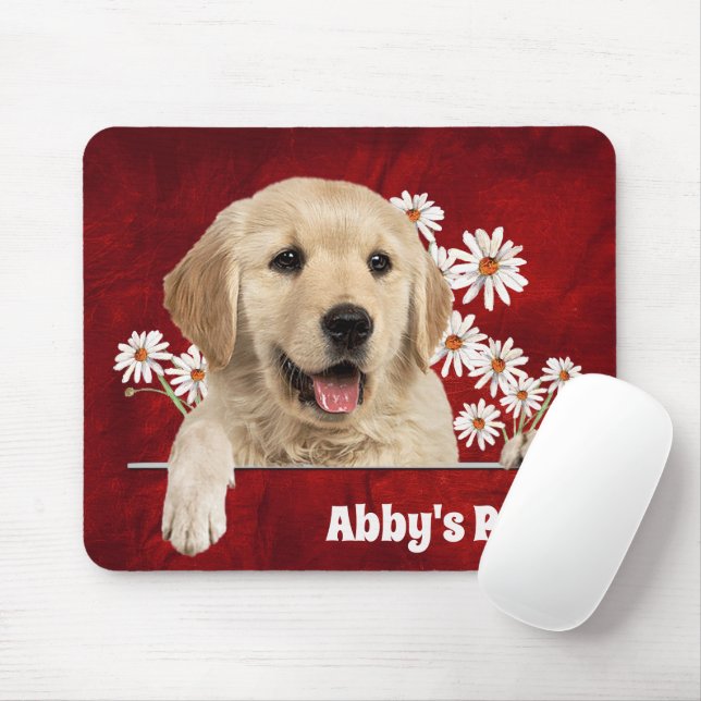 Golden Retriever and Daisies On Leather  Mouse Pad (With Mouse)