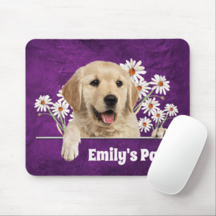 Golden Retriever and Daisies on Leather Mouse Pad
