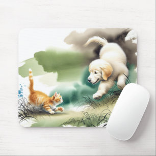Golden Retriever and Ginger Kitten Mouse Pad