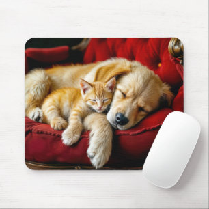 Golden Retriever and Gold Kitten Sleeping Mouse Pad