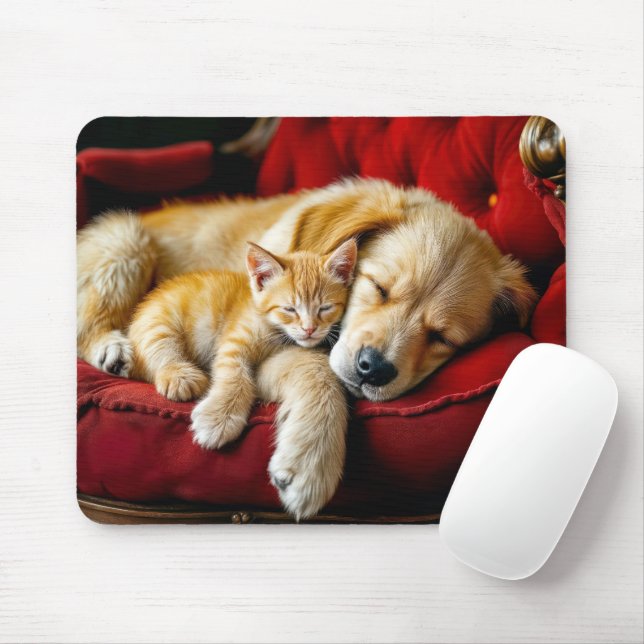 Golden Retriever and Gold Kitten Sleeping Mouse Pad (With Mouse)