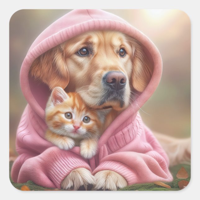 Golden Retriever and Kitten In Pink Hoodie Square Sticker (Front)