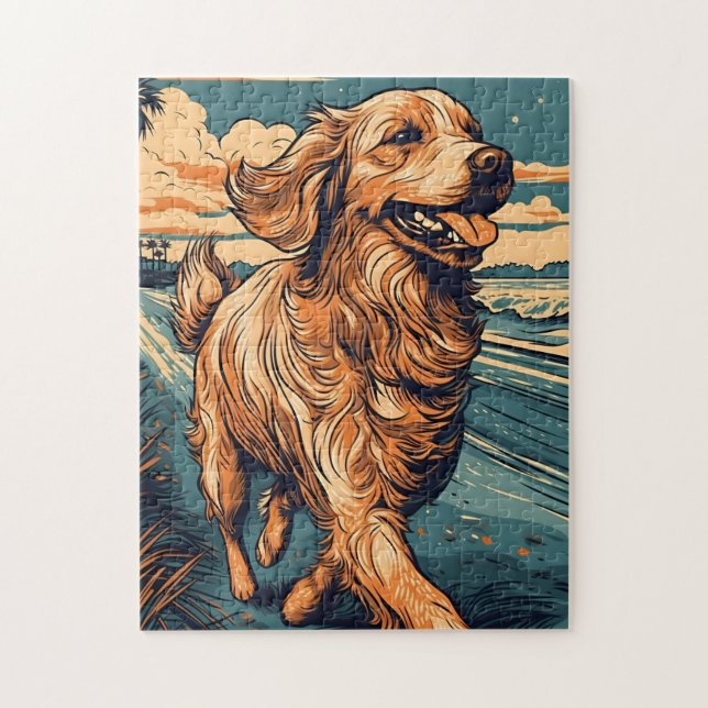 Golden Retriever at a tropical beach during sunset Jigsaw Puzzle (Vertical)