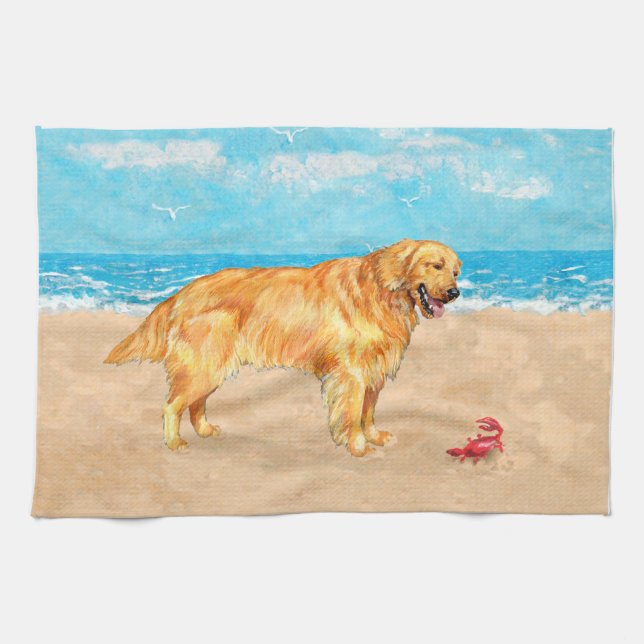 Golden Retriever at the Beach Tea Towel (Horizontal)