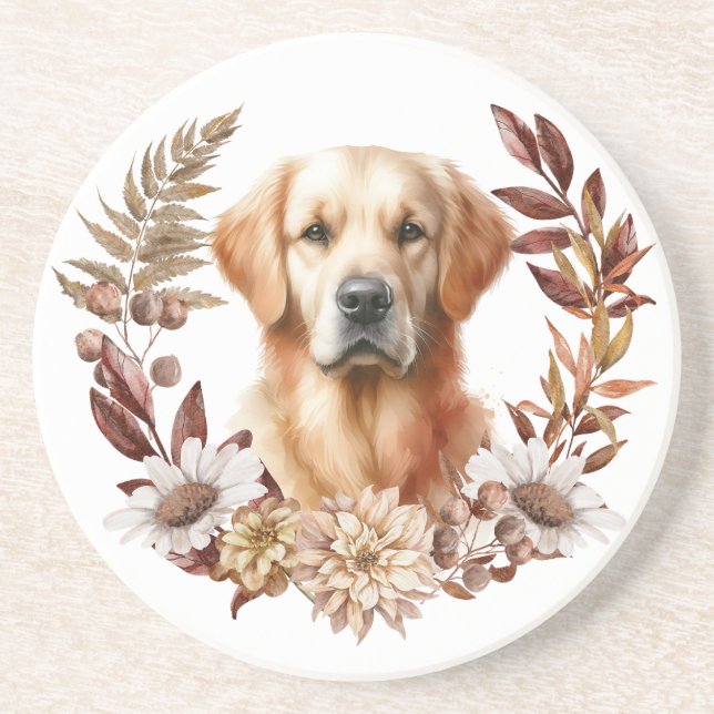 Golden Retriever Autumn Wreath Coaster (Front)