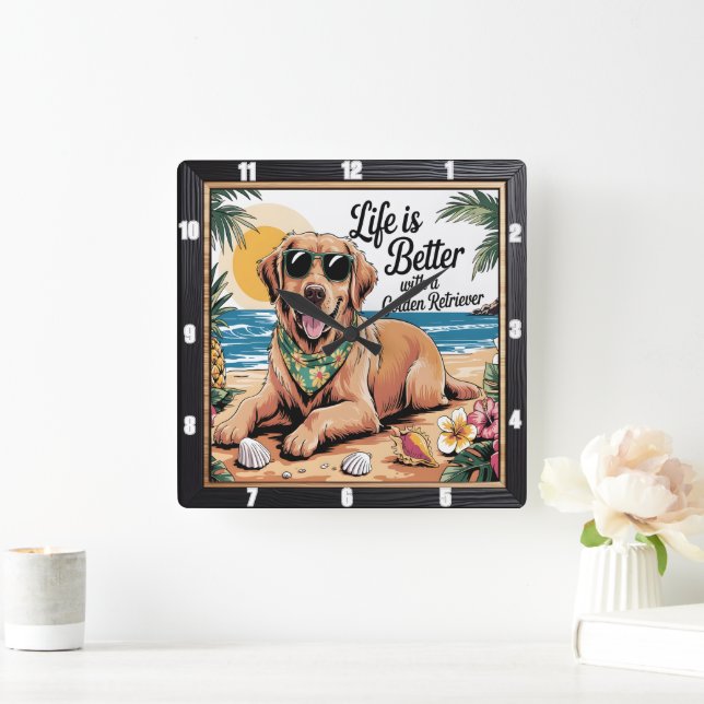 Golden Retriever Beach Life Square Wall Clock (Home)