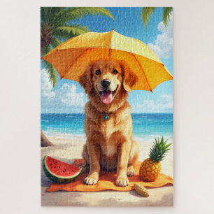 Golden Retriever Beach Relax Scene Jigsaw Puzzle