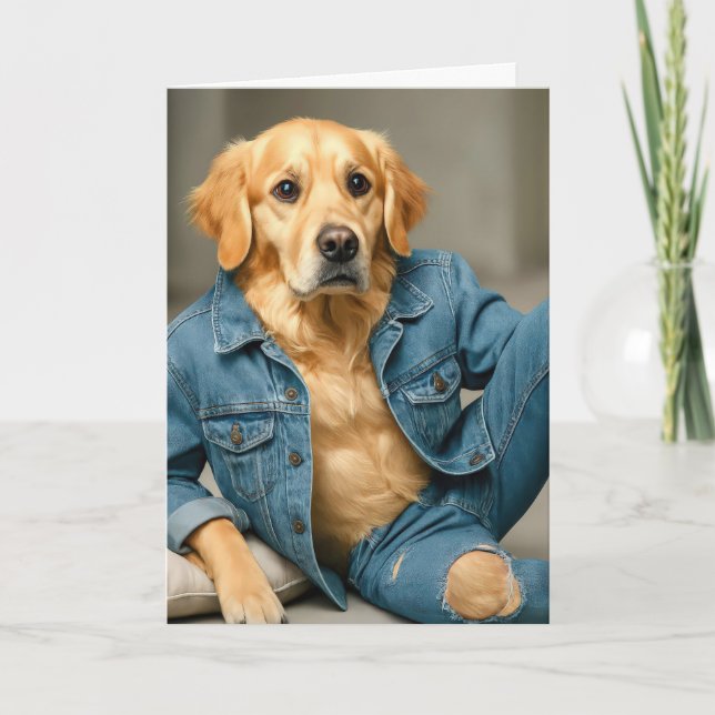Golden Retriever Birthday In Blue Jeans Card (Front)