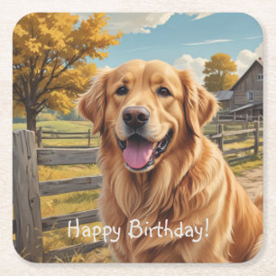 Golden Retriever Birthday Square Paper Coaster