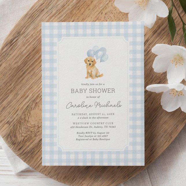Golden Retriever Blue Gingham Baby Shower Invitation (Creator Uploaded)