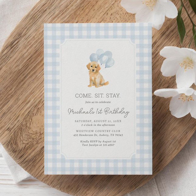 Golden Retriever Blue Gingham Birthday Invitation (Creator Uploaded)