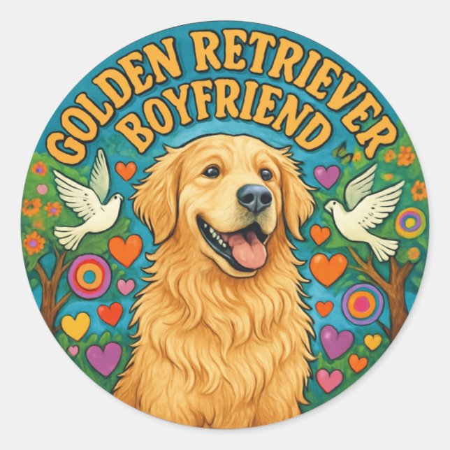 Golden Retriever Boyfriend Funny Retro Dog Lover Classic Round Sticker (Front)