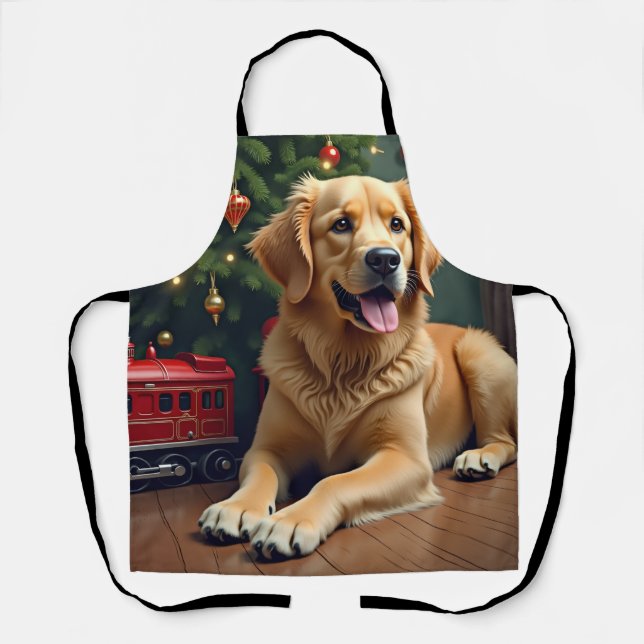 Golden Retriever by the Toy Train Christmas Apron (Front)