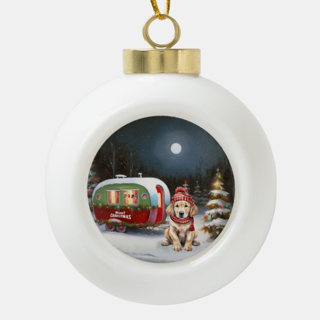 Golden Retriever Caravan Christmas Adventure Ceramic Ball Christmas Ornament (Front)