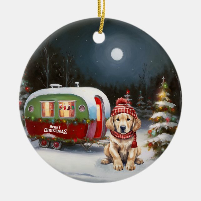 Golden Retriever Caravan Christmas Adventure Ceramic Ornament (Front)