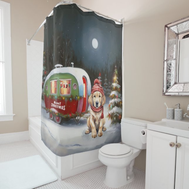 Golden Retriever Caravan Christmas Adventure Shower Curtain (In Situ)