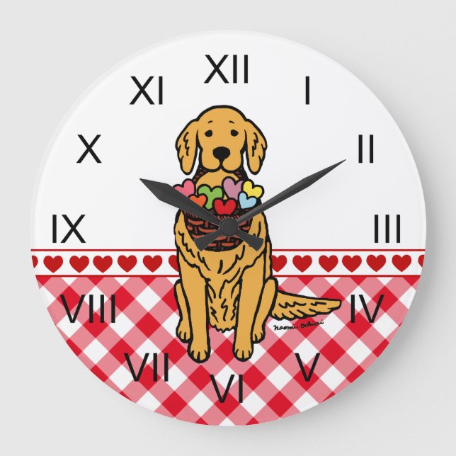 Golden Retriever Cartoon Hearts Large Clock (Front)