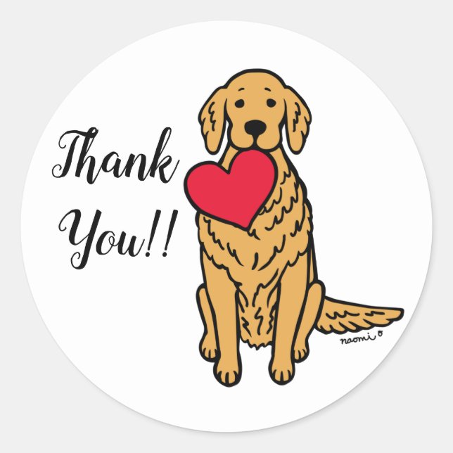Golden Retriever Cartoon Red Heart Thank You Classic Round Sticker (Front)