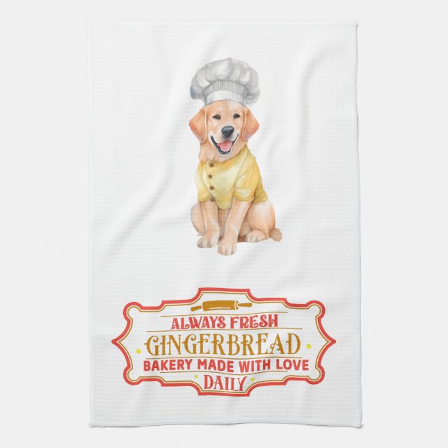 Golden Retriever Chef Baking Gingerbread Tea Towel (Vertical)