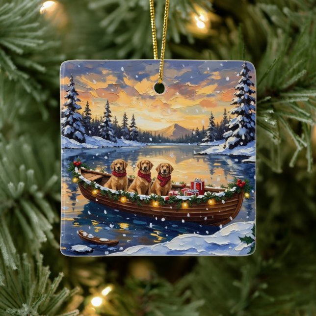 Golden Retriever Christmas Boat Holiday Ceramic Ornament (Tree)