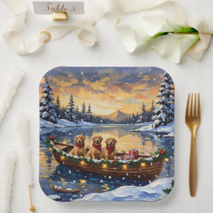 Golden Retriever Christmas Boat Holiday Paper Plate