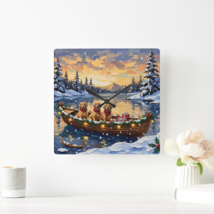 Golden Retriever Christmas Boat Holiday Square Wall Clock