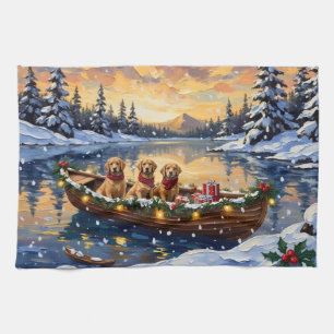 Golden Retriever Christmas Boat Holiday Tea Towel