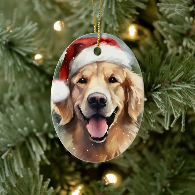 Golden Retriever Christmas brush painting artwork Ceramic Ornament (Tree)