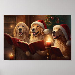 Golden Retriever Christmas Caroling Holiday Scene Poster